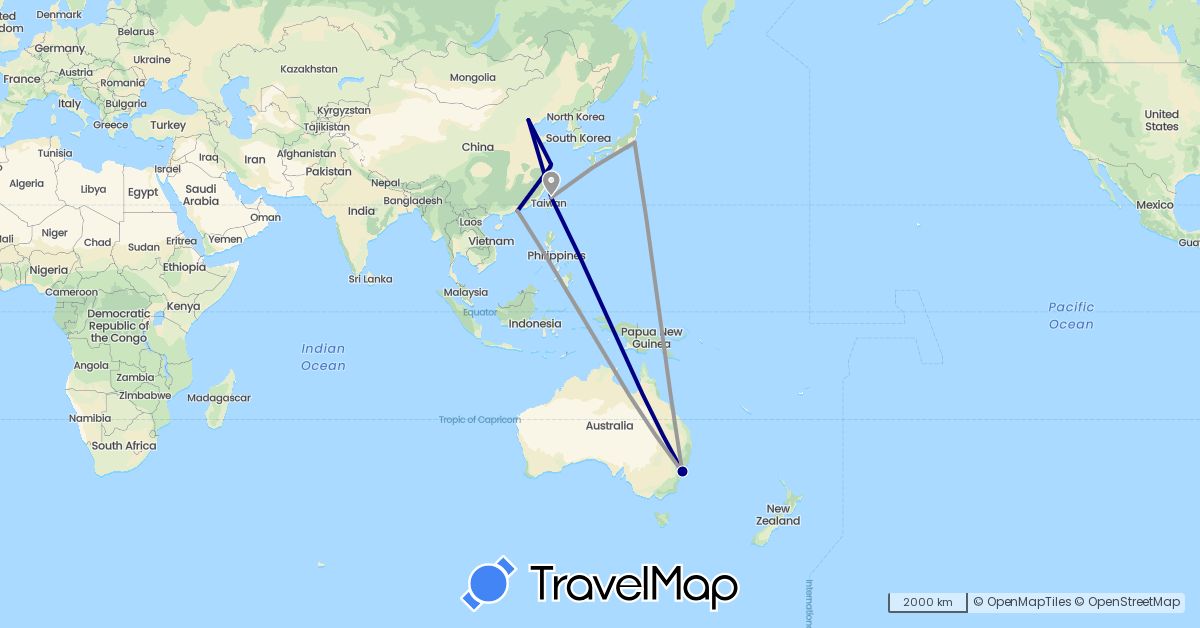 TravelMap itinerary: driving, plane in Australia, China, Japan, Taiwan (Asia, Oceania)