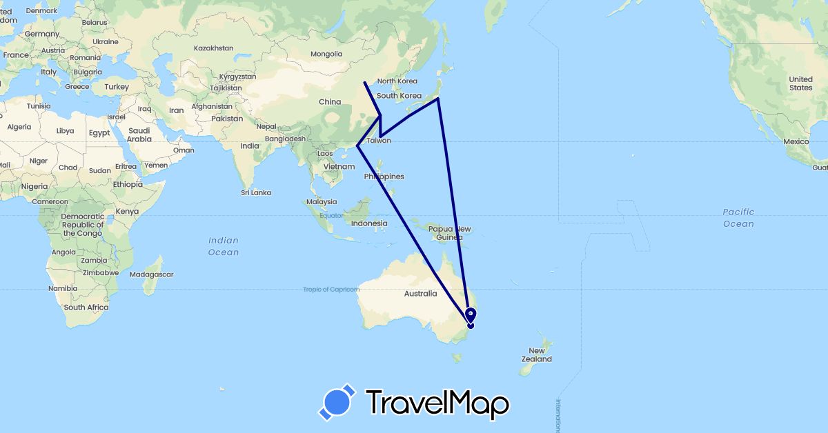 TravelMap itinerary: driving in Australia, China, Japan, Taiwan (Asia, Oceania)